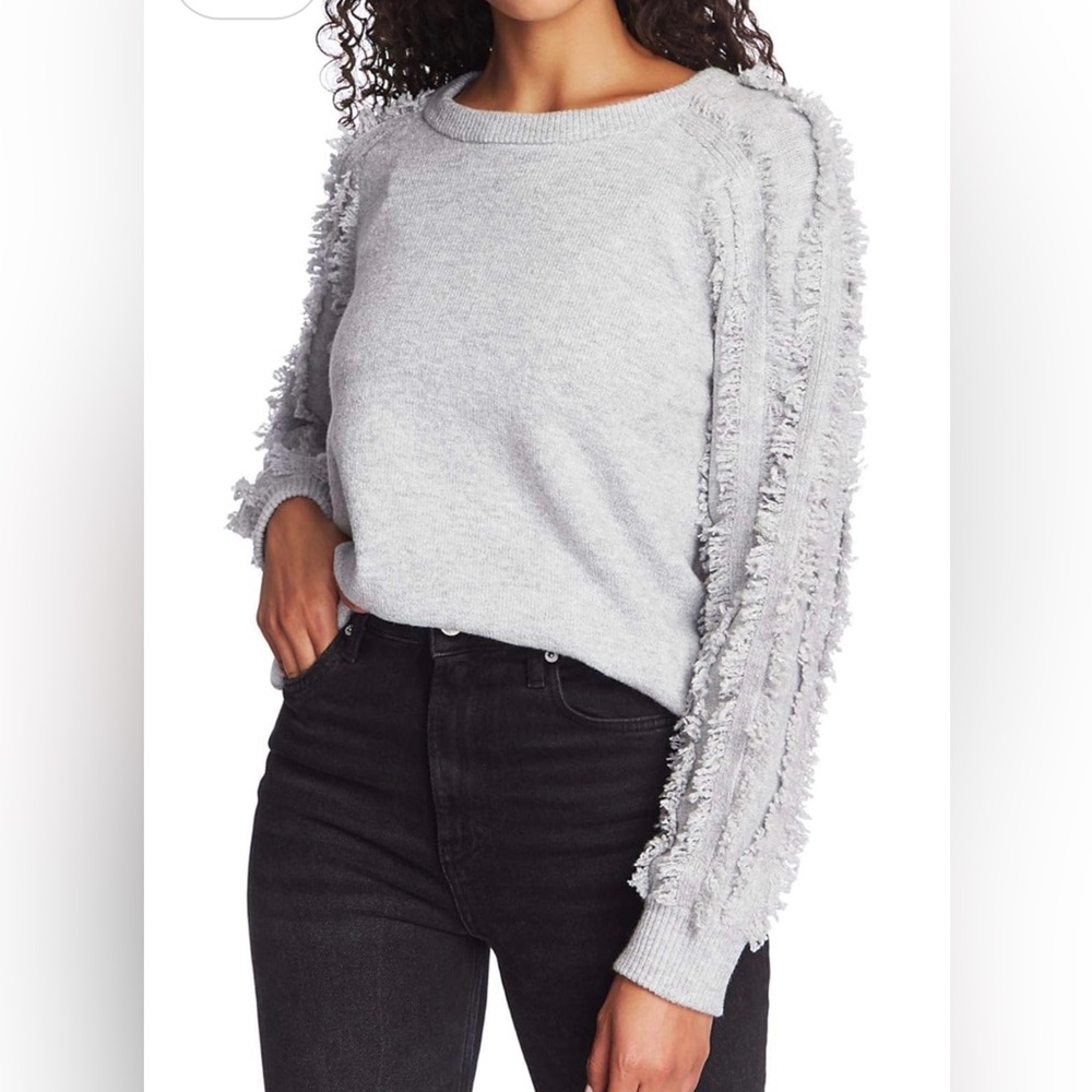 1. State Women’s Gray Frayed Long Sleeve Crew Neck Sweater